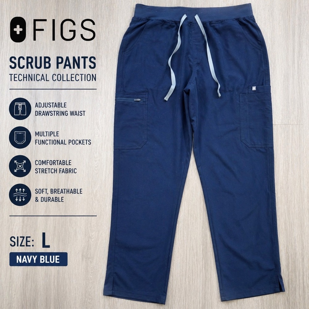 FIGS Scrub Pants Navy Blue L Technical Collection Drawstring Pockets